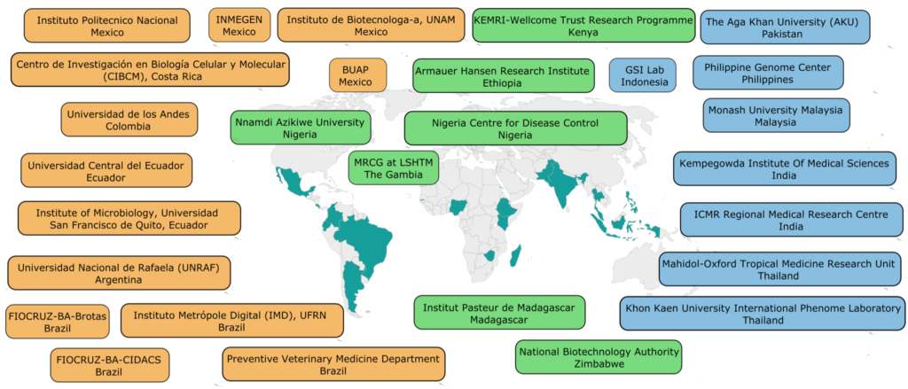 A 2 dimensional map diagram, visualising the spread of countries reached by Connecting Science with the Bioinformatics for Beginners COG-Train online course. 