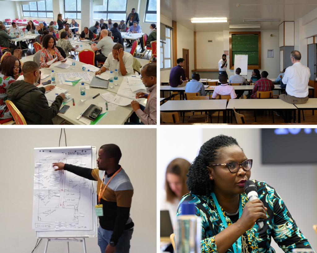 A selection of images showing course participants, based in one of our many training hubs in Africa. Image one shows a group of five learners sat around a table, working on a group exercise. Image two shows a group of learners in a classroom, listening to an instructor who is standing in front of a blackboard. Image three shows a learner standing and presenting his work from a flip chart. Image four shows a participant on a discussion course, asking a question by speaking into a microphone.