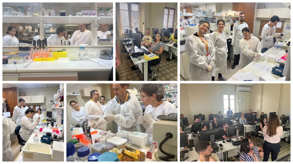 A collection if six photos arranged in a collage format, showing a group of course participants engaging in a range of wet-lab and computational training sessions, at the Instituto Nacional de Câncer (INCA) facility. 