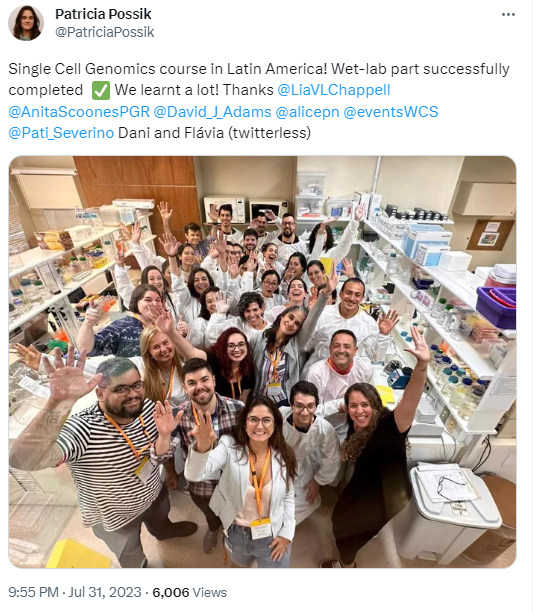 Social media snippet of Patricia Possik's Twitter feed, sharing photos and comments from the sessions taking place in her laboratory facility at Instituto Nacional de Câncer - INCA. Text reads: Single Cell Genomics course in Latin America! Wet-lab part successful completed. We Learnt a lot! 