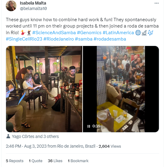 Snippet of Isabella Malta's (Wellcome Connecting Science, UK) Twitter feed, sharing photos of the group work sessions, and the celebrations at the Roda de Samba afterwards. 