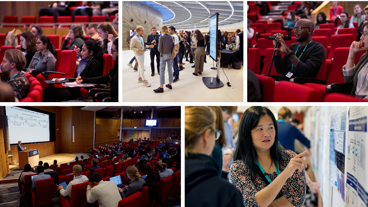 A selection of images taken from our 2022 conference programme at the Hinxton Hall Conference Centre, on the Wellcome Genome Campus, UK. Image show conference delegates seated in our Auditorium listening to talks, delegates presenting their scientific posters and networking. 