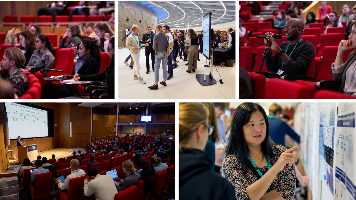 A selection of images showcasing participation at research meetings. Including: Delegates seated in an auditorium; delegates networking during a coffee break, a delegate speaking into a microphone during a conference session; delegates discussing a scientific poster. 