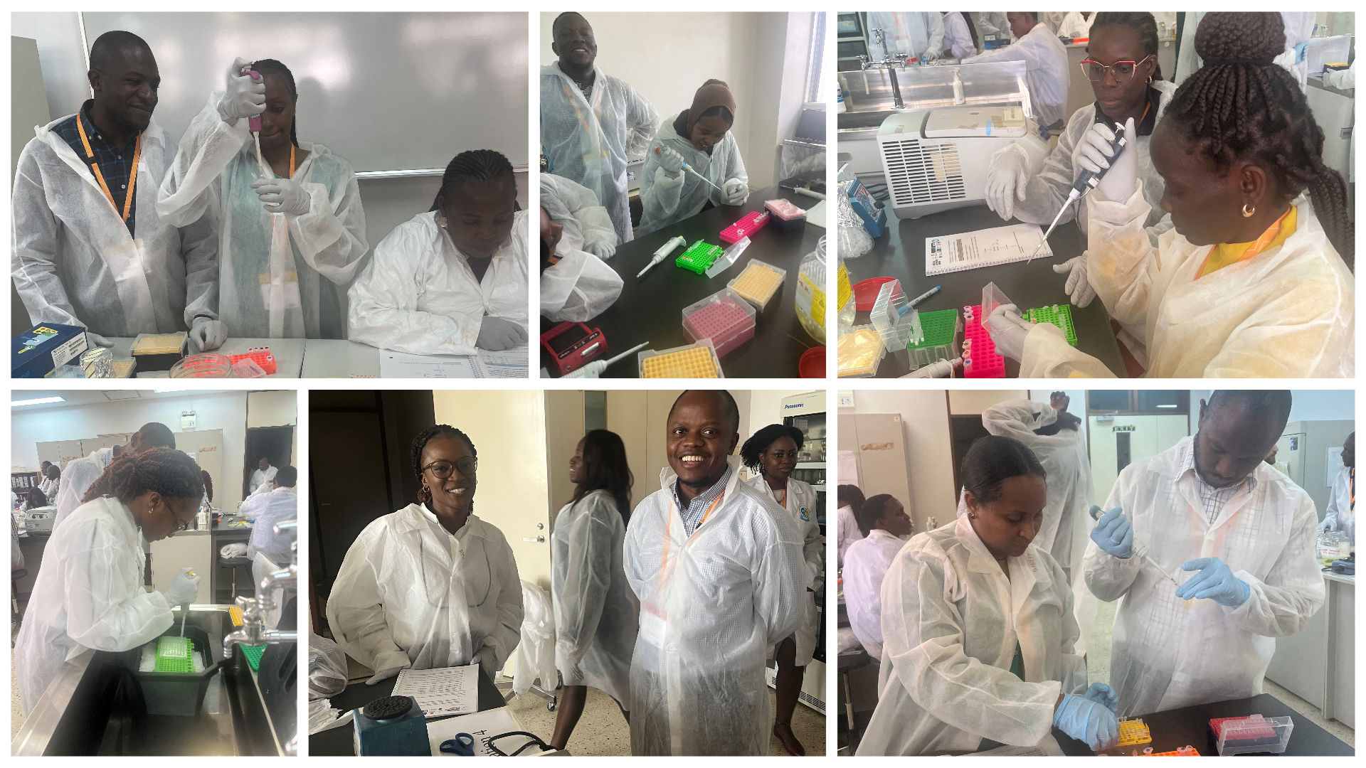 Clinical Microbiology course participants taking part in a sponsored pipette masterclass, in a KEMRI training lab facility. 