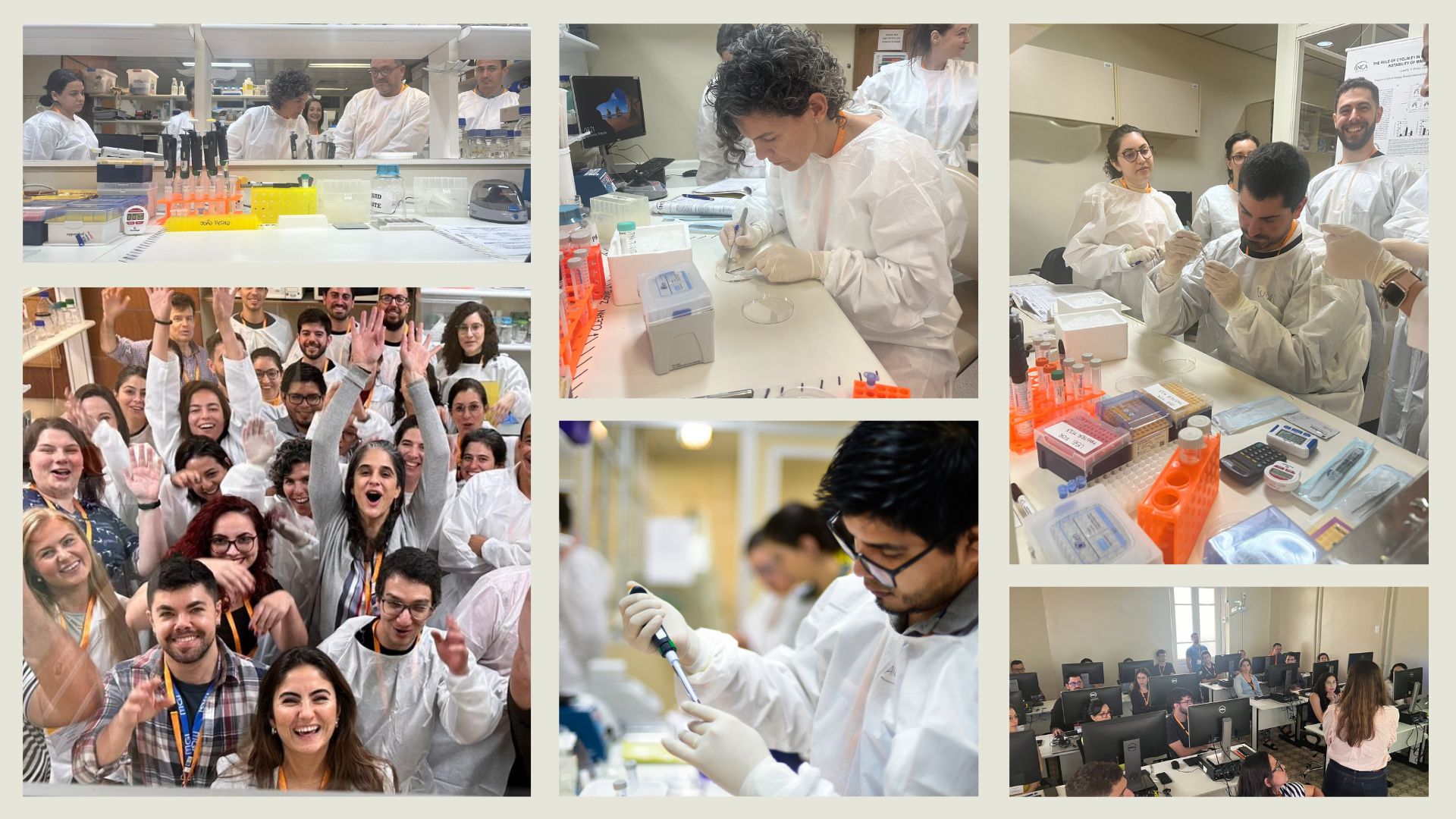 A collage of images showcasing different laboratory training activities that took place at INCA during the Single Cell Genomics course. Participants are wearing white coats. 