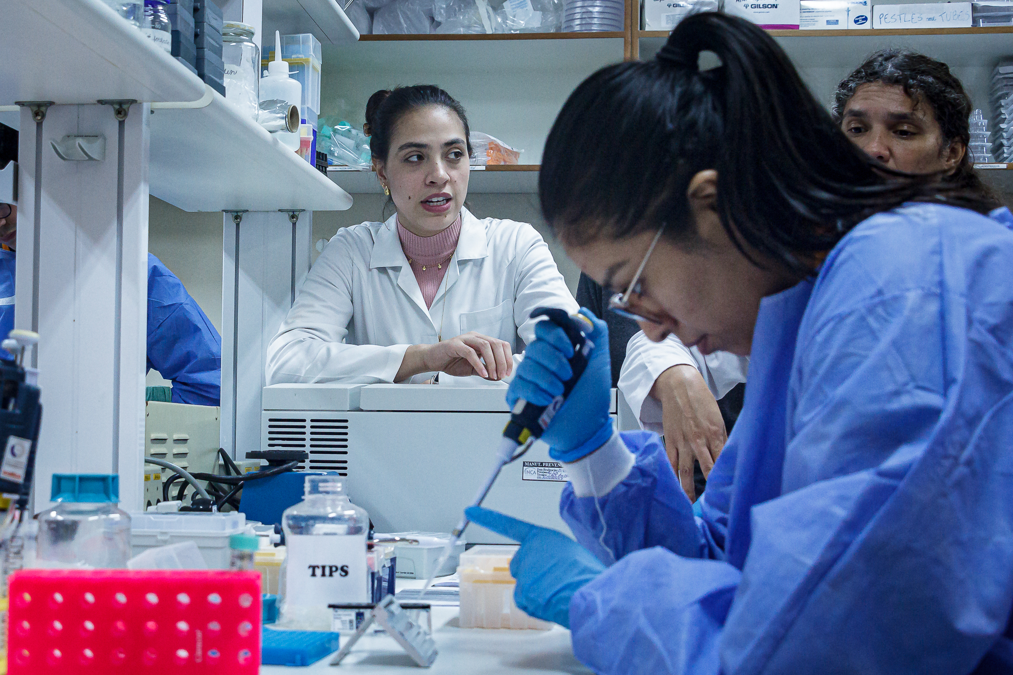 Two course Single Cell Genomics 2024 participants in the training laboratory at INCA. One is using a pipette. The other is observing. 