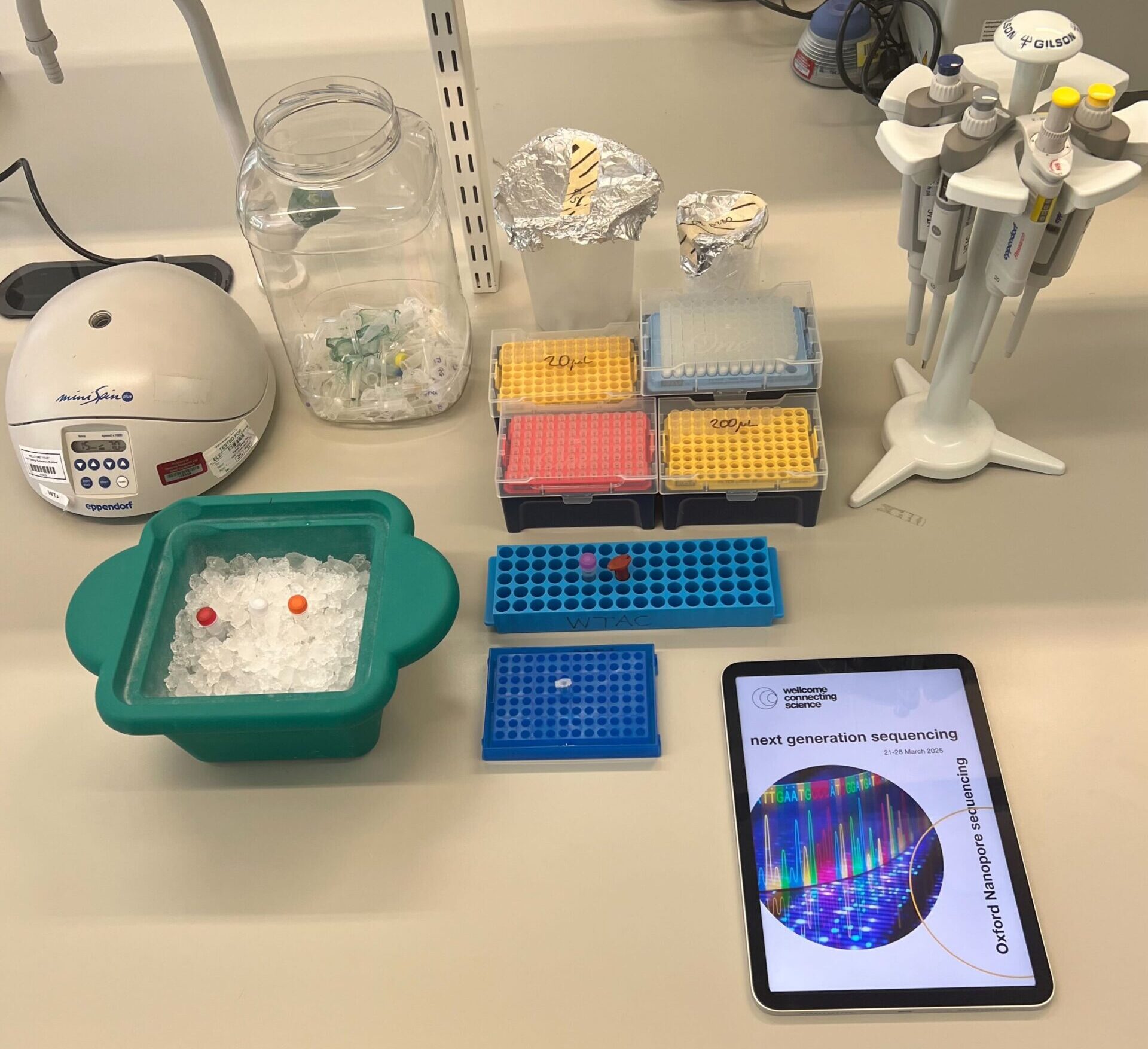 Mini centrifuges, vortexes, tubes, pipettes and tips, and an iPad neatly arranged on a lab bench.