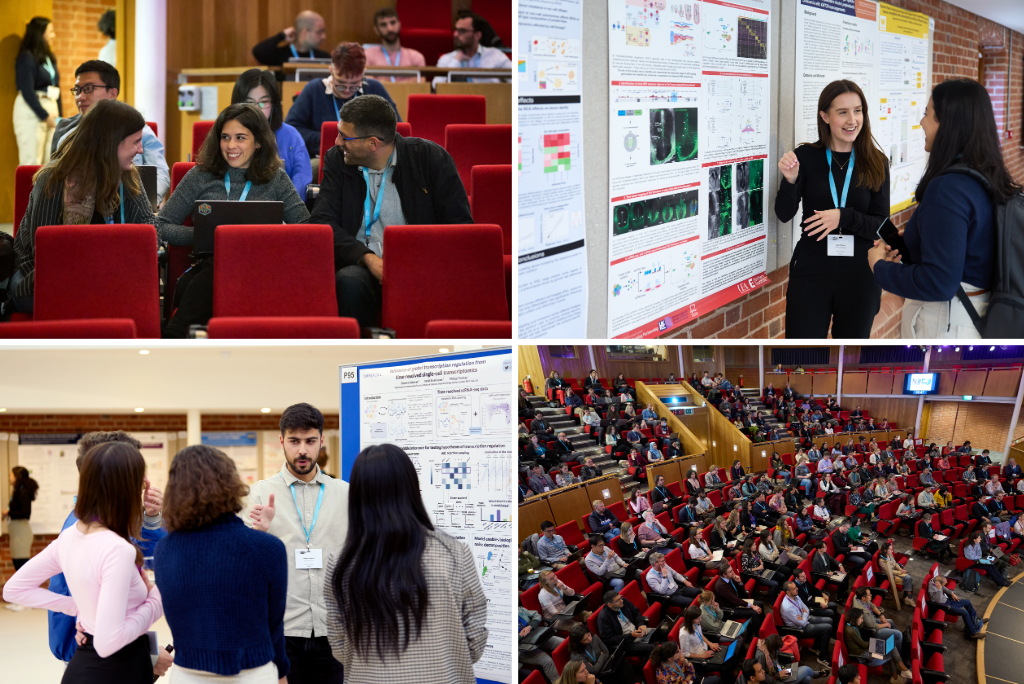 Collage of four images - top left: three conference delegates seated in the auditorium top right: two conference delegates discussing a scientific poster bottom left: three conference delegates attentively listening as another delegate presents their scientific poster. bottom right: An auditorium full of seated conference delegates
