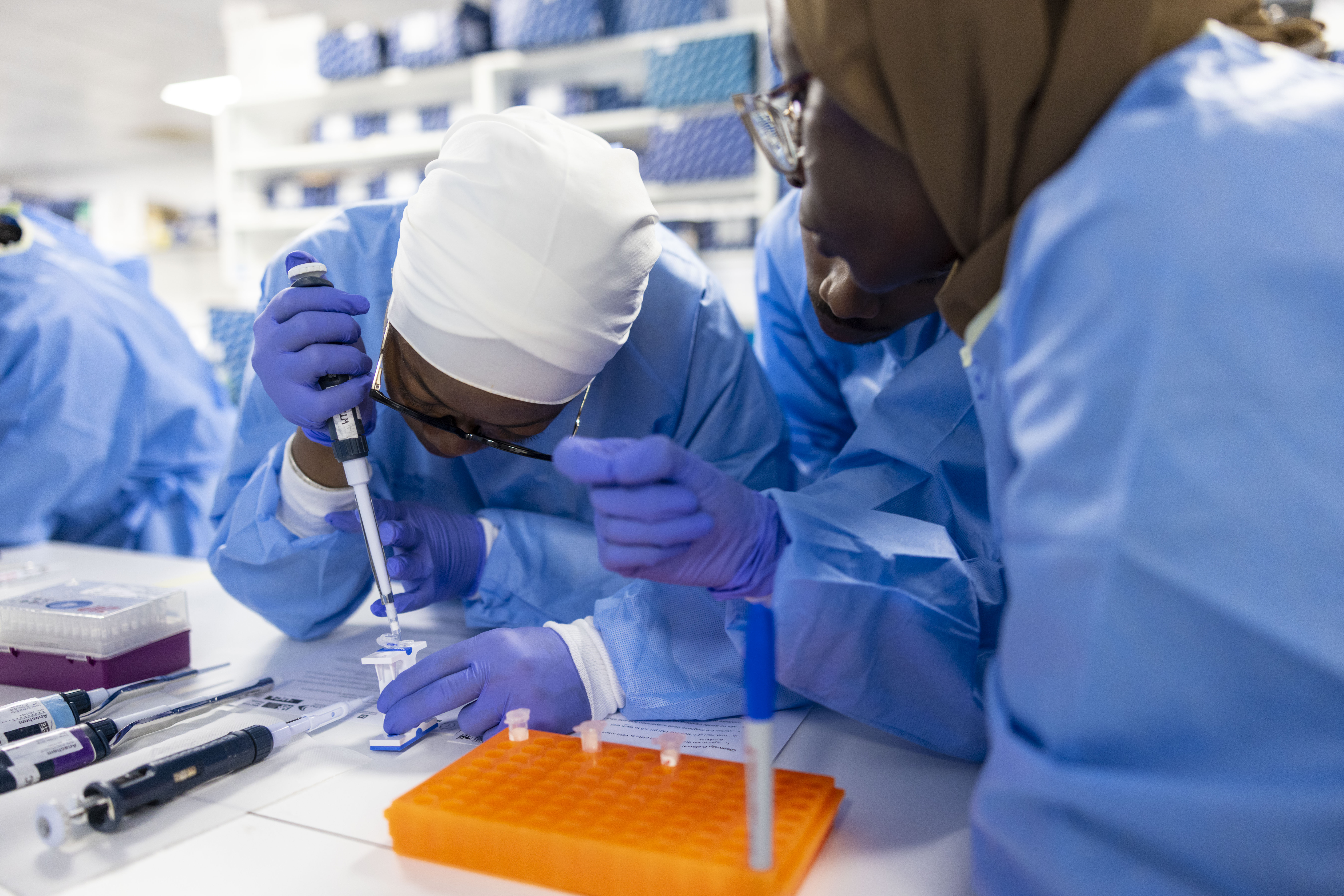 Close angle photo of participants using pipettes to transfer liquid samples in a laboratory setting. They are wearing blue lab coats and gloves.